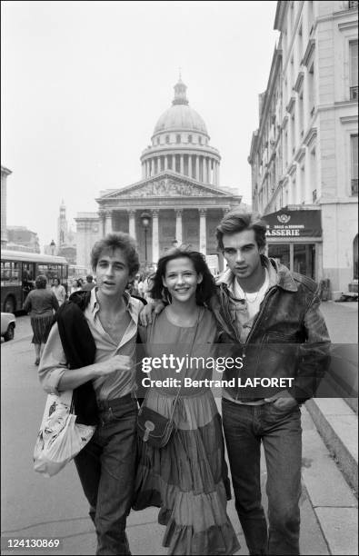 Sohie Marceau on the set of "La Boum II" in Paris, France in July, 1982 - Philippe Kelly, Sophie Marceau, Pierre Cosso.