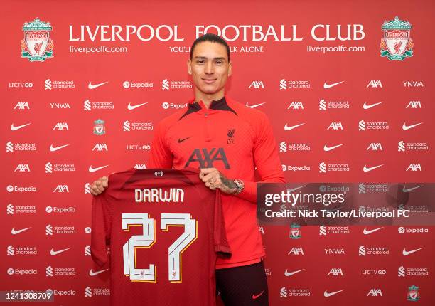 Darwin Nunez signs for Liverpool FC at AXA Training Centre on June 14, 2022 in Kirkby, England.