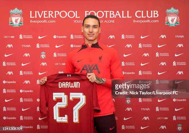 Darwin Nunez signs for Liverpool FC at AXA Training Centre on June 14, 2022 in Kirkby, England.