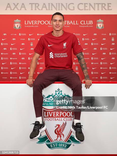 Darwin Nunez signs for Liverpool FC at AXA Training Centre on June 14, 2022 in Kirkby, England.