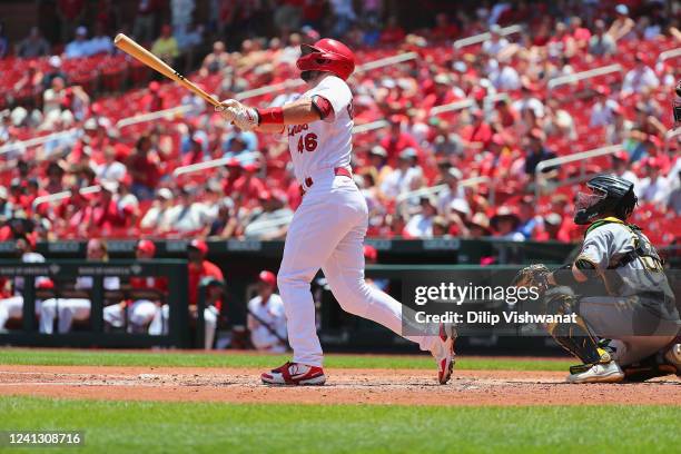 Paul Goldschmidt of the St. Louis Cardinals hits a two-run home run against the Pittsburgh Pirates in the third inning during game one of a...