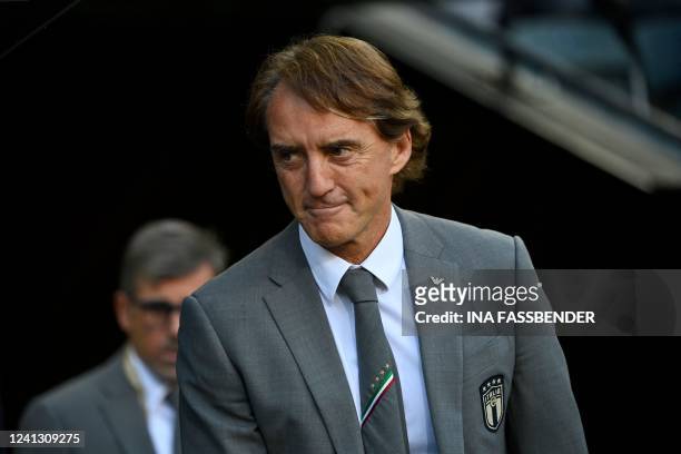 Italy's head coach Roberto Mancini reacts from the sidelines prior to the start of the UEFA Nations League football match Germany v Italy at the...