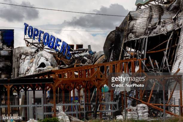 Shopping mall affected by bombardment is seen on June 14, 2022 in Bucha, Ukraine. As the Russian Federation invaded Ukraine more than 3 and a half...