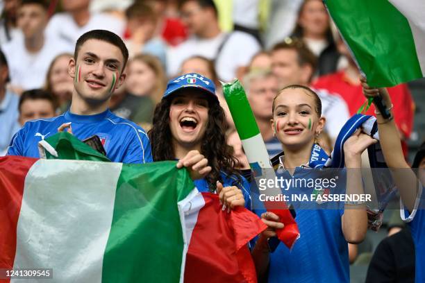 Italy fans cheer as they wait for the start prior to the UEFA Nations League football match Germany v Italy at the Borussia Park stadium in...