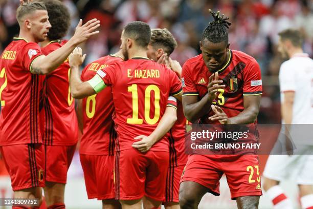 Belgium's Michy Batshuayi celebrates after scoring during a soccer game between Poland and Belgian national team the Red Devils, Tuesday 14 June 2022...