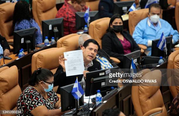 The deputy of the Sandinista National Liberation Front and president of the Economic Commission, Walmaro Gutierrez, speaks during a parliamentary...