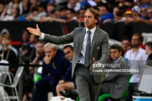 Italy's head coach Roberto Mancini reacts from the sidelines during the UEFA Nations League football match Germany v Italy at the Borussia Park...