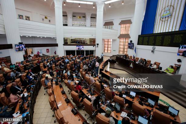 Nicaraguan congressmen participate in a parliamentary session at the National Assembly building in Managua on June 14, 2022. - The Parliament of...