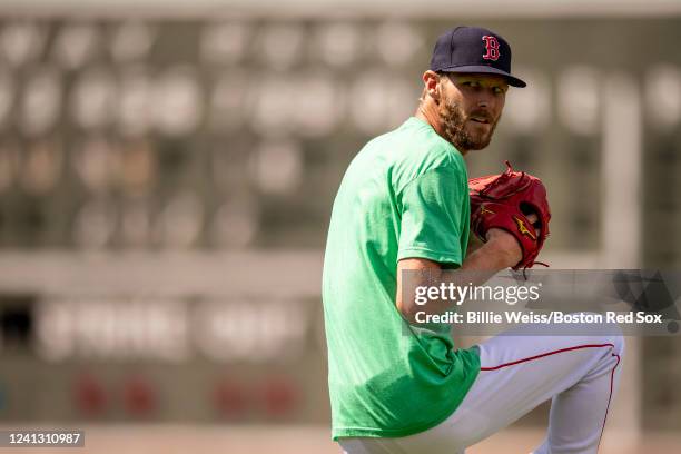 Chris Sale of the Boston Red Sox warms up before a game against the Oakland Athletics on June 14, 2022 at Fenway Park in Boston, Massachusetts.