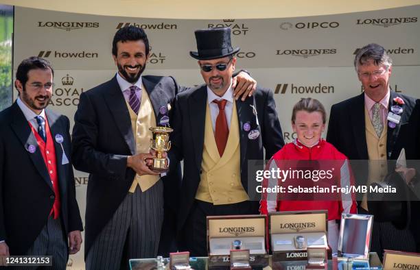 Khalid bin Hamad Al Khalifa, Sheikh Nasser bin Hamad Al Khalifa, Fawzi Nass and Hollie Doyle pose with trophy after Bradsell wins Coventry Stakes...