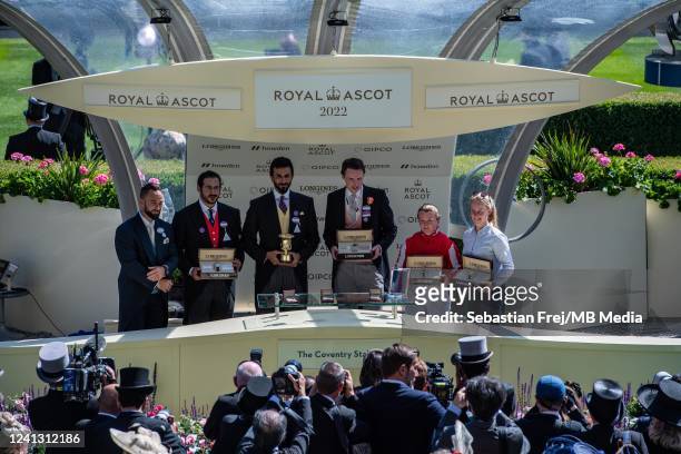 Khalid bin Hamad Al Khalifa, Sheikh Nasser bin Hamad Al Khalifa, Fawzi Nass, Archie Watson and Hollie Doyle pose with trophy after Bradsell wins...