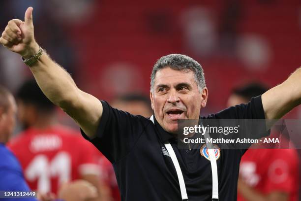 Luis Fernando Suarez the head coach / manager of Costa Rica celebrates victory after the 2022 FIFA World Cup Playoff match between Costa Rica and New...