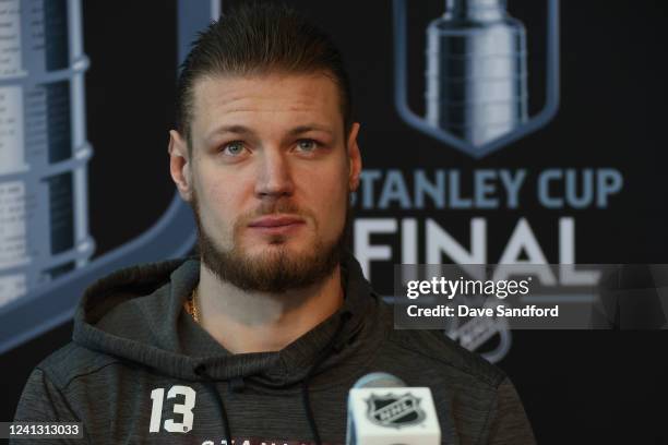 Valeri Nichushkin of the Colorado Avalanche takes questions from the media during the 2022 Stanley Cup Final Media Day on June 14, 2022 at Ball Arena...