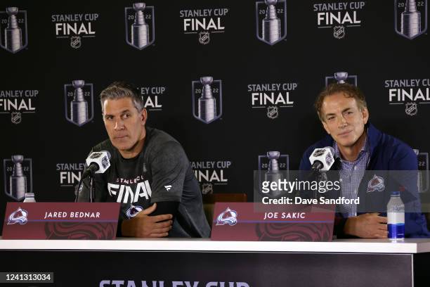 Head Coach of the Colorado Avalanche Jared Bednar and General Manager Joe Sakic take questions from the media on during the 2022 Stanley Cup Final...
