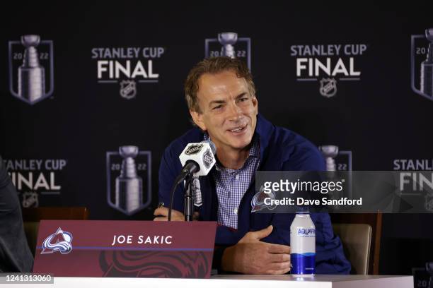 General Manager of the Colorado Avalanche Joe Sakic addresses the media during the 2022 Stanley Cup Final Media Day on June 14, 2022 at Ball Arena in...