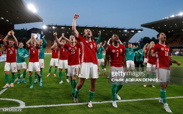 Hungary's players celebrate in front of their supporters after the UEFA Nations League, league A group 3 football match between England and Hungary...