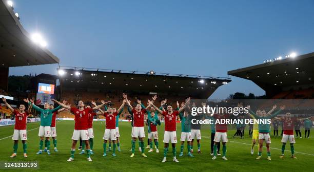 Hungary's players celebrate in front of their supporters after the UEFA Nations League, league A group 3 football match between England and Hungary...