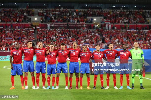 Team Group of Costa Rica singing their national anthem during the 2022 FIFA World Cup Playoff match between Costa Rica and New Zealand at Ahmad Bin...