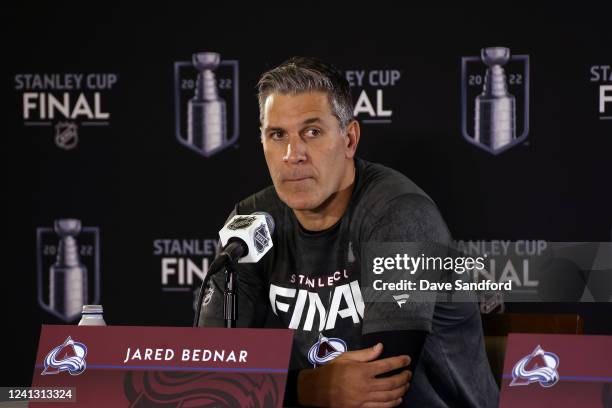 Head Coach of the Colorado Avalanche Jared Bednar address the media during the 2022 Stanley Cup Final Media Day on June 14, 2022 at Ball Arena in...