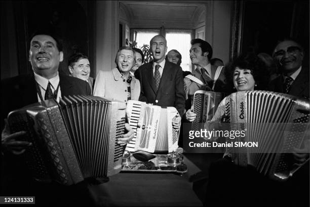 Valery Giscard d'Estaing at the international accordion festival In Paris, France On June 26, 1973 - Edouard Duleu, Aimable, Valery Giscard...