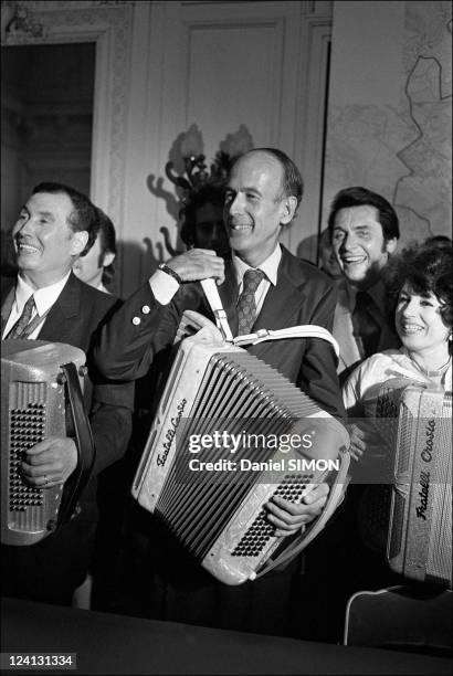 Valery Giscard d'Estaing at the international accordion festival In Paris, France On June 26, 1973 - Edouard Duleu, Valery Giscard d'Estaing, Andre...