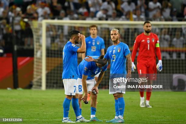 Italy's forward Gianluca Caprari, Italy's defender Giorgio Scalvini, Italy's midfielder Salvatore Esposito, Italy's defender Federico Dimarco and...