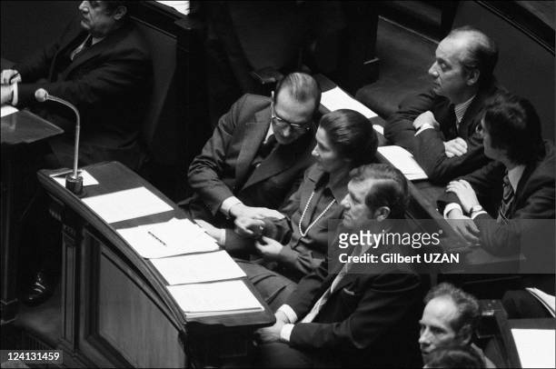 National Assembly debate over abortion in Paris, France in November, 1974 - Jacques Chirac and Simone Veil.