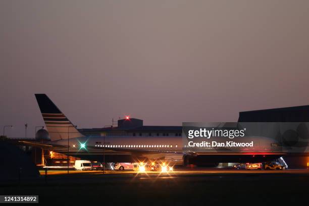 The grounded Rwanda deportation flight EC-LZO Boeing 767 at Boscombe Down Air Base, on June 14, 2022 in Boscombe Down. The flight taking asylum...