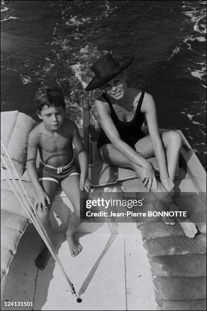 Brigitte Bardot at "the madrague" In Saint Tropez, France In August, 1967 - With her son Nicolas Charrier.