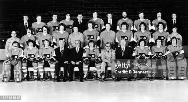 The Philadelphia Flyers pose for a team photo circa 1976-77 in Philadelphia, Pennsylvania. Front Row L-R: Bernie Parent, Gary Dornhoefer, Bill...