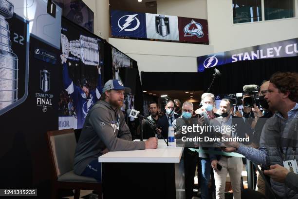 Steven Stamkos of the Tampa Bay Lightning takes questions from the media during the 2022 Stanley Cup Final Media Day on June 14, 2022 at Ball Arena...