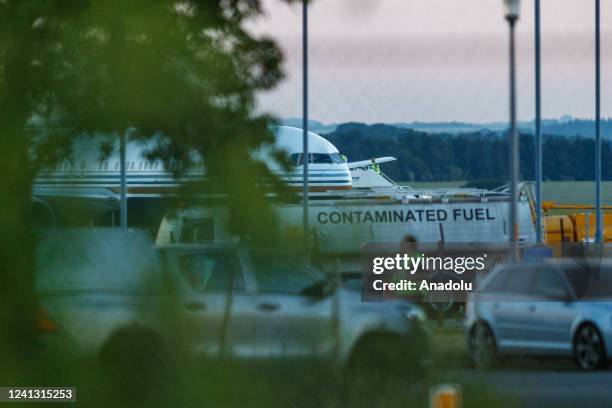 Spanish-registered "Privilege Style" civilian aircraft Boeing 767 stands off on a Ministry of Defence runway to take the first migrants to the east...