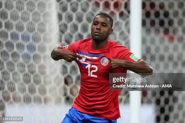 Joel Campbell of Costa Rica celebrates after scoring a goal to make it 1-0 in the 2022 FIFA World Cup Playoff match between Costa Rica and New...