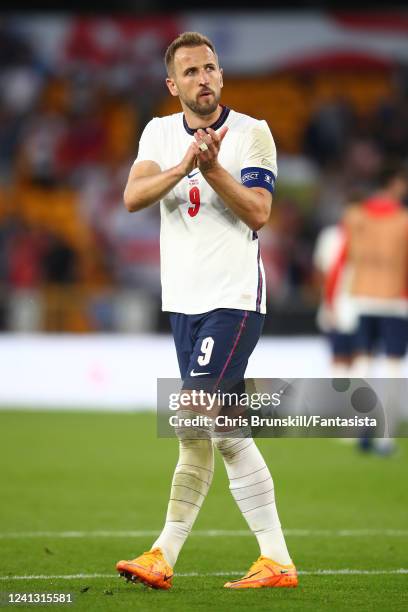 Harry Kane of England reacts at the end of the UEFA Nations League League A Group 3 match between England and Hungary at Molineux on June 14, 2022 in...