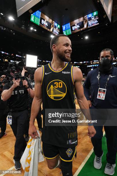 Stephen Curry of the Golden State Warriors smiles after Game Four of the 2022 NBA Finals against Boston Celtics on June 10, 2022 at TD Garden in...