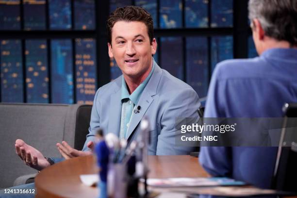 Episode 1306 -- Pictured: Actor Miles Teller during an inteview with host Seth Meyers on June 14, 2022 --