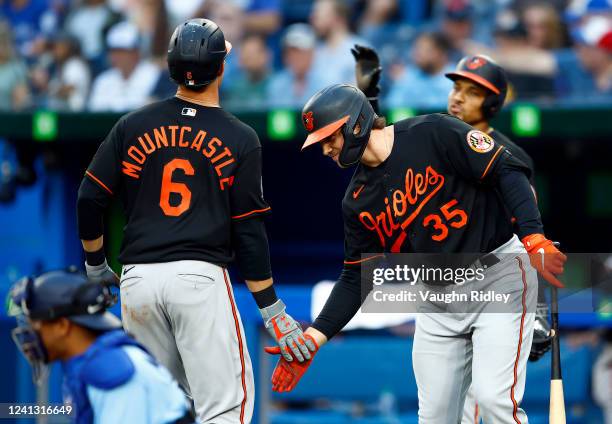 Ryan Mountcastle of the Baltimore Orioles celebrates his two-run home run with Adley Rutschman in the third inning against the Toronto Blue Jays at...