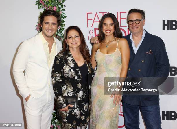 Diego Boneta, Gloria Estefan, Adria Arjona and Andy Garcia attend the "Father Of The Bride" Miami Premiere at the Tower Theater on June 14, 2022 in...
