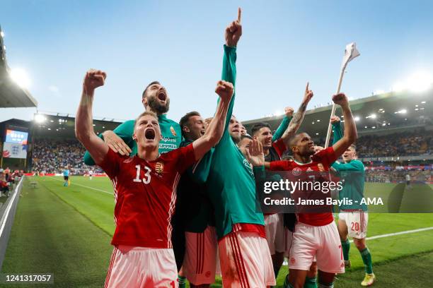 Daniel Gazdag of Hungary celebrates with his team mates after scoring a goal to make it 0-4 during the UEFA Nations League League A Group 3 match...