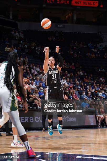 Kayla McBride of the Minnesota Lynx shoots the ball during the game against the Seattle Storm on June 14, 2022 at Target Center in Minneapolis,...