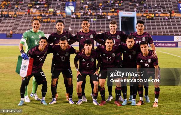 Mexico's National team poses for a photo before the CONCACAF Nations League soccer match between Jamaica and Mexico at the National Stadium in...