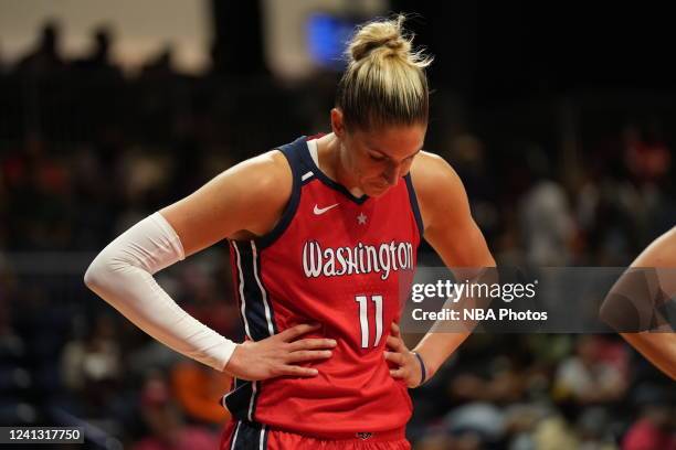 Elena Delle Donne of the Washington Mystics looks on during the game against the Phoenix Mercury on June 14, 2022 at Entertainment & Sports Arena in...