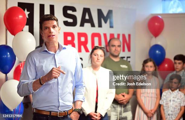 Republican U.S. Senate candidate Sam Brown thanks supporters while waiting for election results at his campaign office on June 14, 2022 in Reno,...