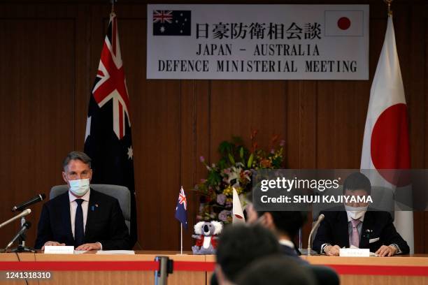 Australian Deputy Prime Minister and Defense Minister Richard Marles and Japanese Defense Minister Nobuo Kishi attend a joint press conference at the...