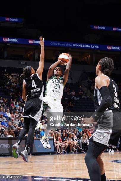 Jewell Loyd of the Seattle Storm shoots the ball during the game against the Minnesota Lynx on June 14, 2022 at Target Center in Minneapolis,...