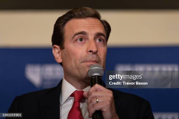 Adam Laxalt speaks to a crowd at an election night event on June 14, 2022 in Reno, Nevada. The Nevada primary is attracting national attention as...