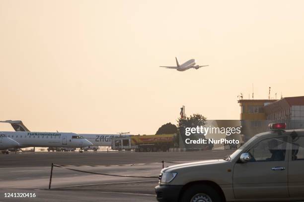 An aircraft takes off from Tehrans International Mehrabad Airport on June 14, 2022.