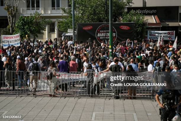 Hundreds of protesters gather outside the courthouse in Athens, calling for harsher prison terms for the nearly fifty members of the Golden Dawn...