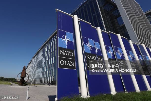 Photo taken on June 15, 2022 shows North Atlantic Treaty Organization logos at the NATO headquarters in Brussels, Belgium.