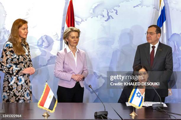 Commissioner for Energy Kadri Simson, European Commission President Ursula von der Leyen, and Egypt's Minister of Petroleum Tarek el-Molla look on as...